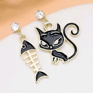 Rhinestone Black Kitty & Fish Bone Drop Earrings